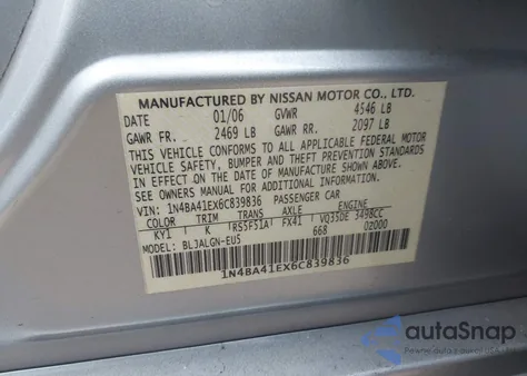 2006 Nissan Maxima 3.5 Sl z USA, uszkodzony, nr VIN 1N4BA41EX6C839836